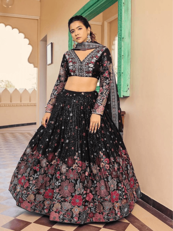 Elegant Foux Gorgette Semi-Stitched Lehenga Set with Sequins & Thread Work