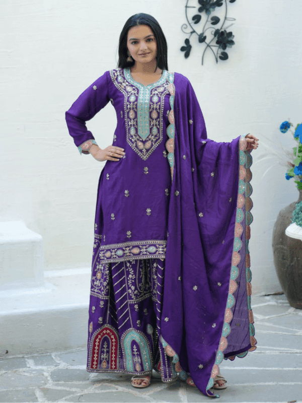 Designer Embroidered Chinon Suit with Coding Sequence Embroidery Work.