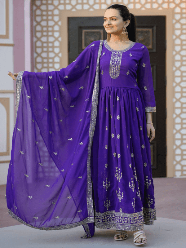 Elegant georgette gown with sequence embroidery, full flair, and a matching dupatta, paired with a comfortable micro fabric pant.