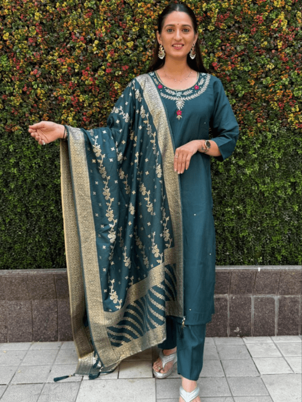 Roman Silk Kurti Set with Handwork and Jacquard Dupatta.