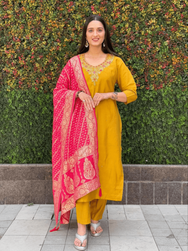 Yellow Roman Silk Kurti Set with Handwork and Jacquard Dupatta.