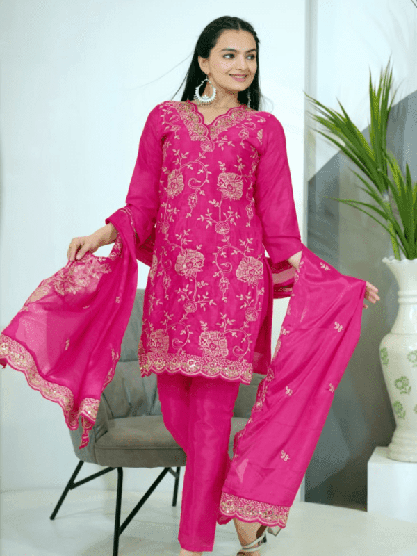 Chinon Suit with Sequence Embroidery and Matching Dupatta.