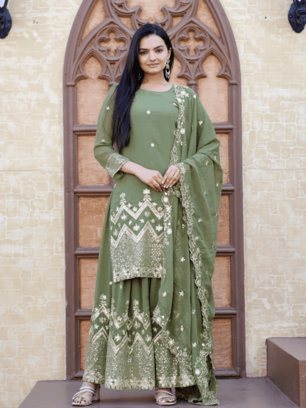 Designer Embroidered Fox Georgette Sharara Suit with Sequence Embroidery Work.