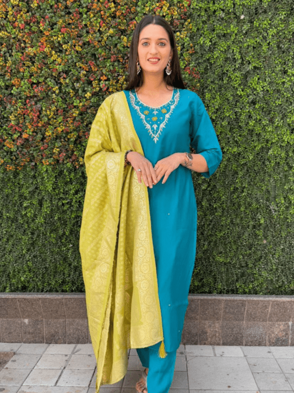 Rama-colored Roman Silk Kurti Set with Handwork and Jacquard Dupatta.