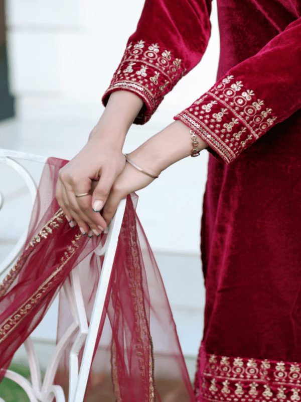 Heavy Velvet Suit with Sequence Embroidery and Net Dupatta.