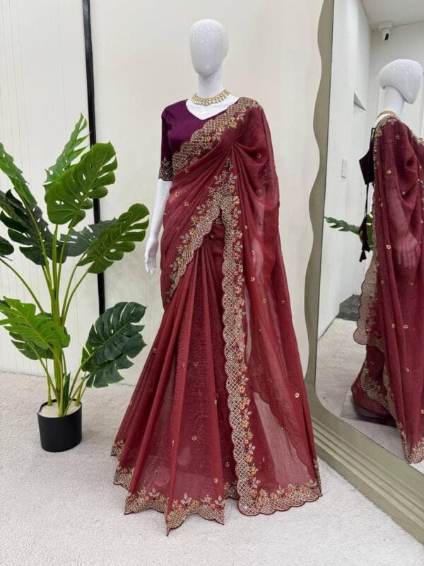 Designer Crunchy Silk Saree with Thread & Sequence Work and Mono Benglori Silk Blouse