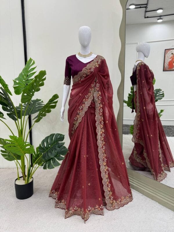 Designer Crunchy Silk Saree with Thread & Sequence Work and Mono Benglori Silk Blouse