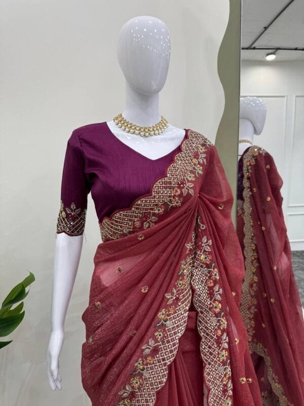 Designer Crunchy Silk Saree with Thread & Sequence Work and Mono Benglori Silk Blouse