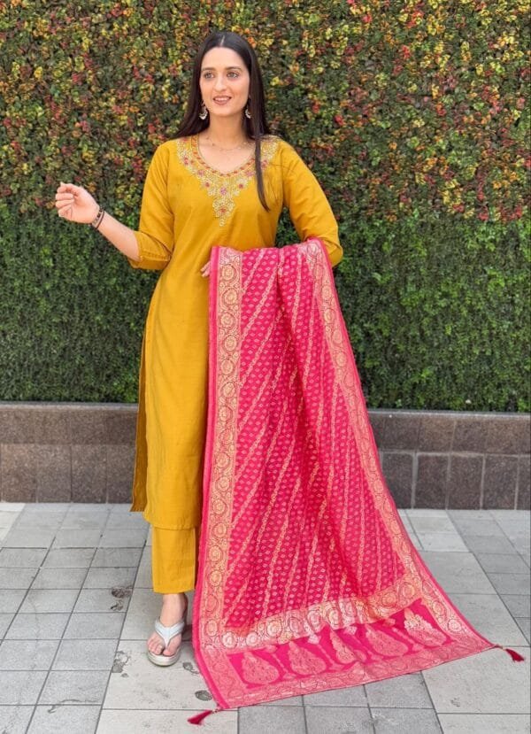 Yellow Roman Silk Kurti Set with Handwork and Jacquard Dupatta.