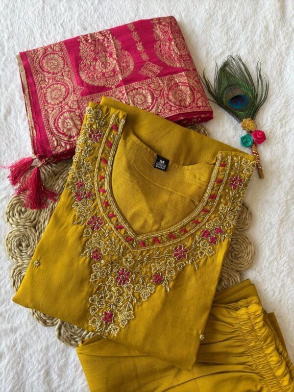 Yellow Roman Silk Kurti Set with Handwork and Jacquard Dupatta.