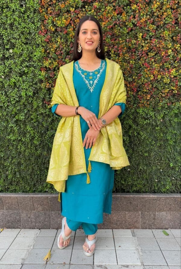 Rama-colored Roman Silk Kurti Set with Handwork and Jacquard Dupatta.