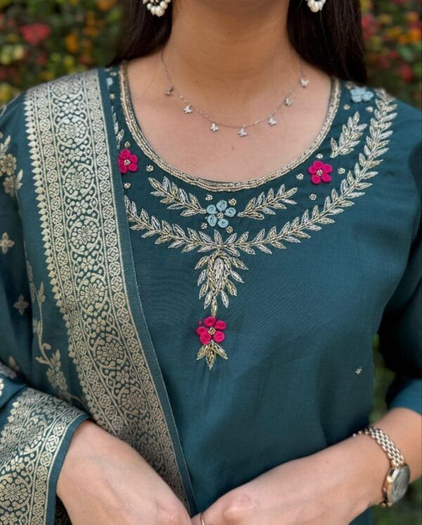 Roman Silk Kurti Set with Handwork and Jacquard Dupatta.