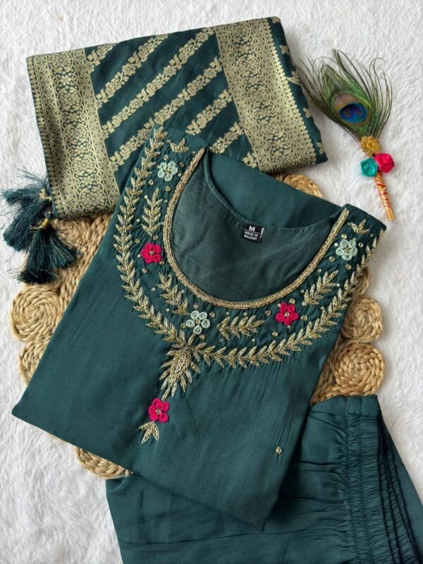 Roman Silk Kurti Set with Handwork and Jacquard Dupatta.