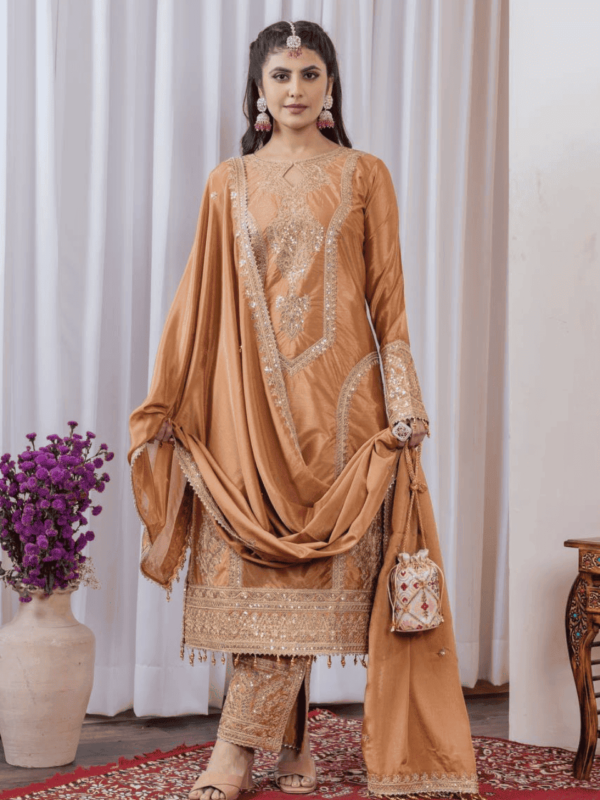 Designer Party Wear Chinon Silk Top, Plazzo & Dupatta Set – Fully Stitched - Beige Color