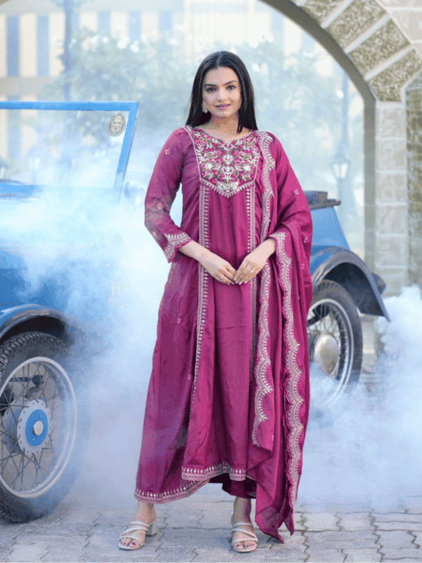 Designer Chinon gown with coding sequence embroidery, featuring a micro fabric pant, matching dupatta, and elegant detailing. Perfect for stylish and festive occasions.