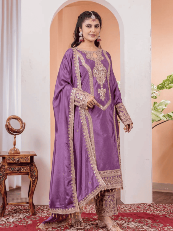 Designer Party Wear Chinon Silk Top, Plazzo & Dupatta Set – Fully Stitched - Light Purple