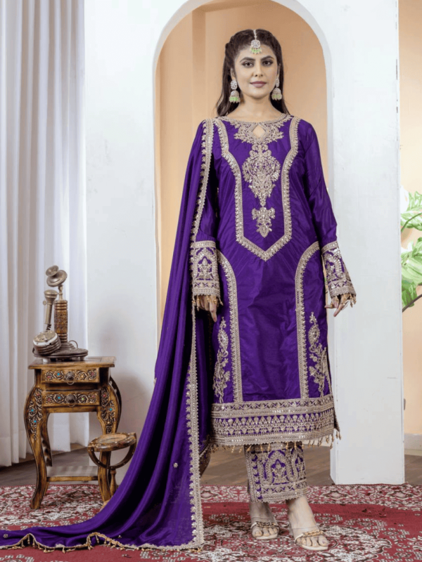 A stylish Chinon Silk party wear set featuring a fully stitched top, plazzo, and dupatta with intricate embroidery, 3mm sequin, and coding dori work.