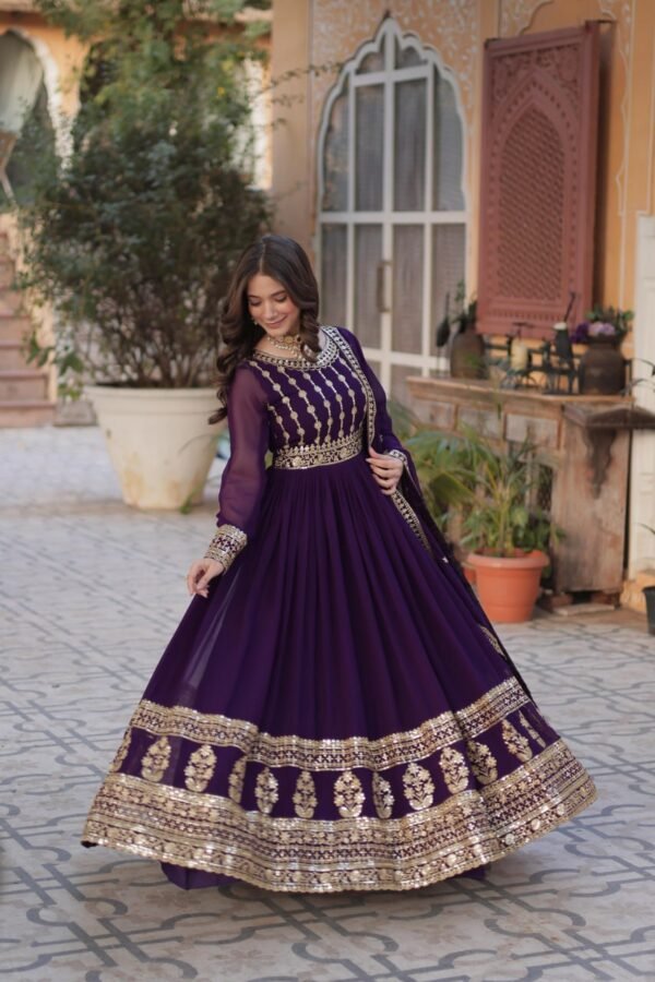 Elegant Blooming Embroidered Gown with Dupatta – Full Sleeves & Round Neck