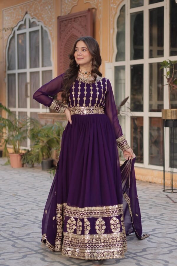 Elegant Blooming Embroidered Gown with Dupatta – Full Sleeves & Round Neck