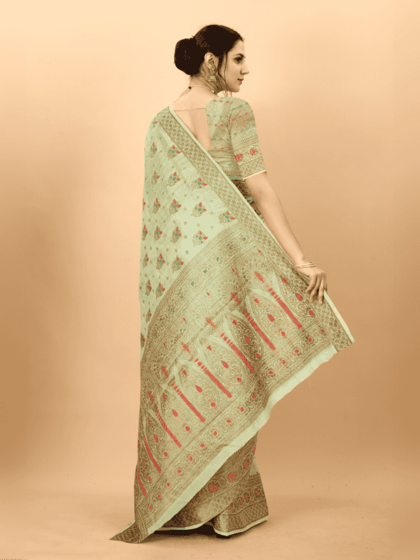 Soft cotton silk saree with golden zari woven pallu, detailed motifs, and a designer silk weaving blouse piece.