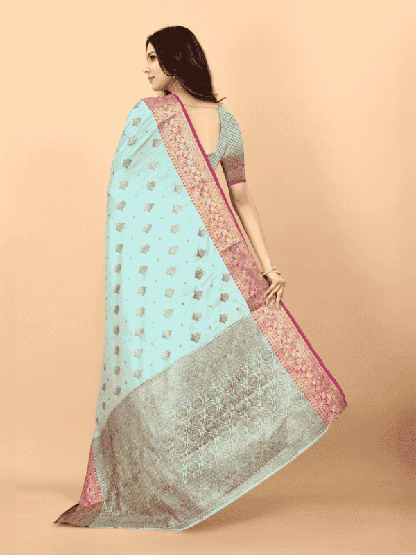 Soft magic slub silk saree with golden zari woven pallu, intricate motifs, and a designer silk weaving blouse piece.