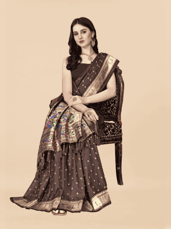 Soft Pethani silk saree with golden zari weaving, motifs, and designer silk blouse piece, perfect for traditional and festive wear.