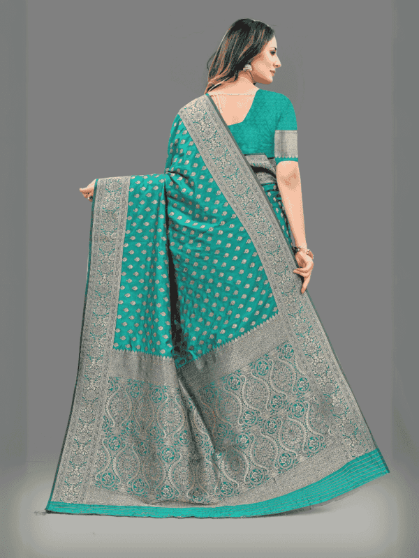 Soft Lichi silk saree with golden zari weaving, intricate motifs, and designer silk blouse piece, perfect for traditional wear.