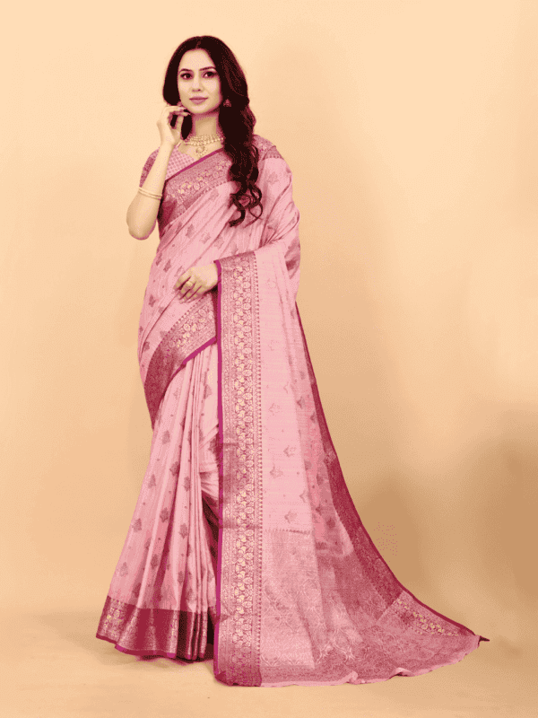 Soft magic slub silk saree with golden zari woven pallu, intricate motifs, and a designer silk weaving blouse piece.