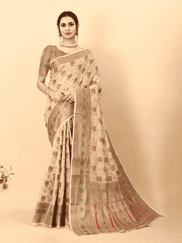 Soft cotton silk saree with golden zari woven pallu, detailed motifs, and a designer silk weaving blouse piece.