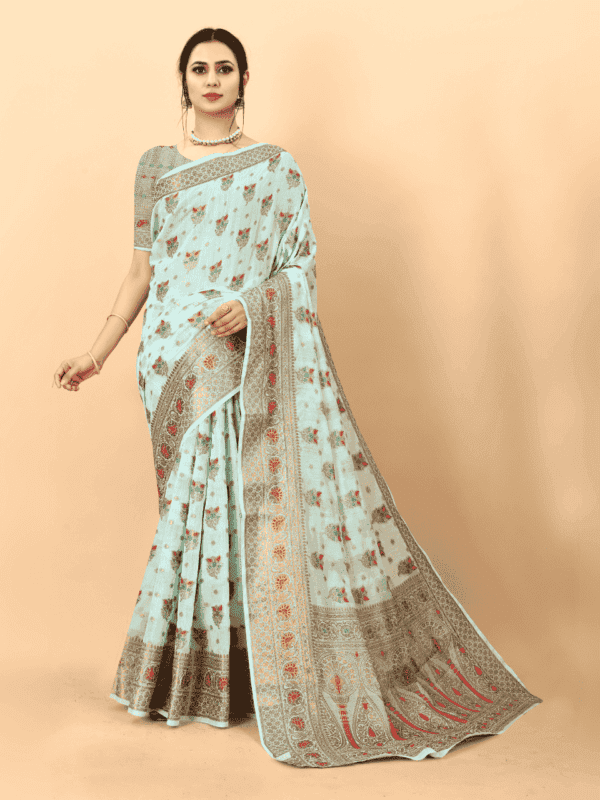 Soft cotton silk saree with golden zari woven pallu, detailed motifs, and a designer silk weaving blouse piece.