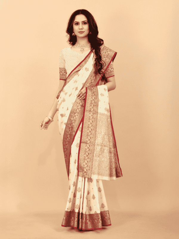 Soft magic slub silk saree with golden zari woven pallu, intricate motifs, and a designer silk weaving blouse piece.