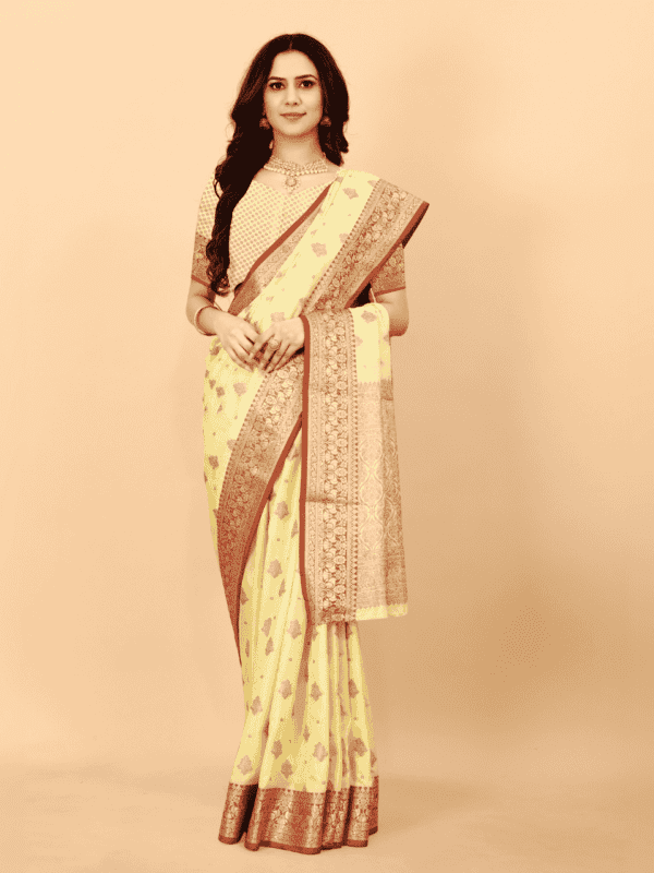 Soft magic slub silk saree with golden zari woven pallu, intricate motifs, and a designer silk weaving blouse piece.