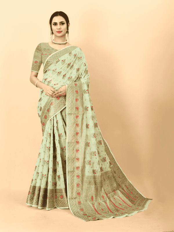 Soft cotton silk saree with golden zari woven pallu, detailed motifs, and a designer silk weaving blouse piece.