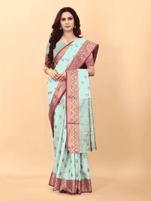 Soft magic slub silk saree with golden zari woven pallu, intricate motifs, and a designer silk weaving blouse piece.