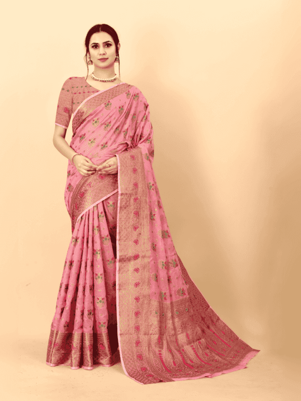 Soft cotton silk saree with golden zari woven pallu, detailed motifs, and a designer silk weaving blouse piece.