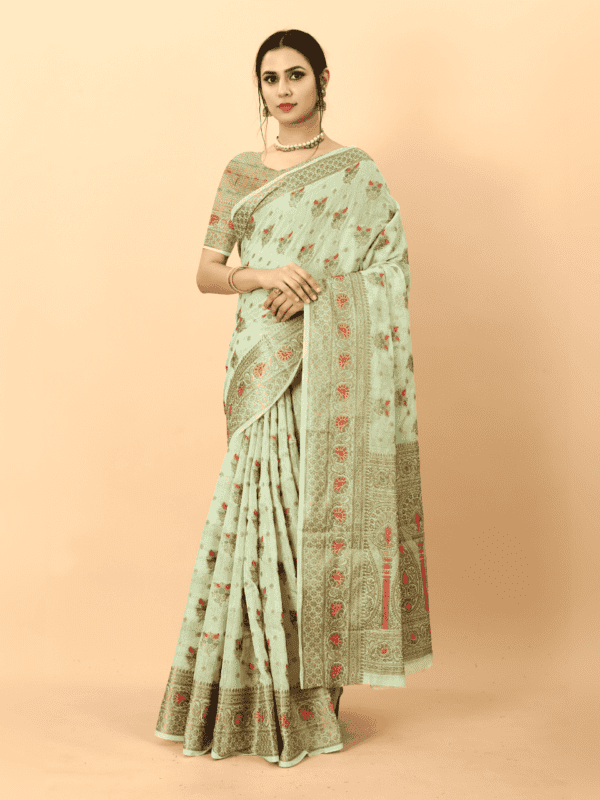 Soft cotton silk saree with golden zari woven pallu, detailed motifs, and a designer silk weaving blouse piece.