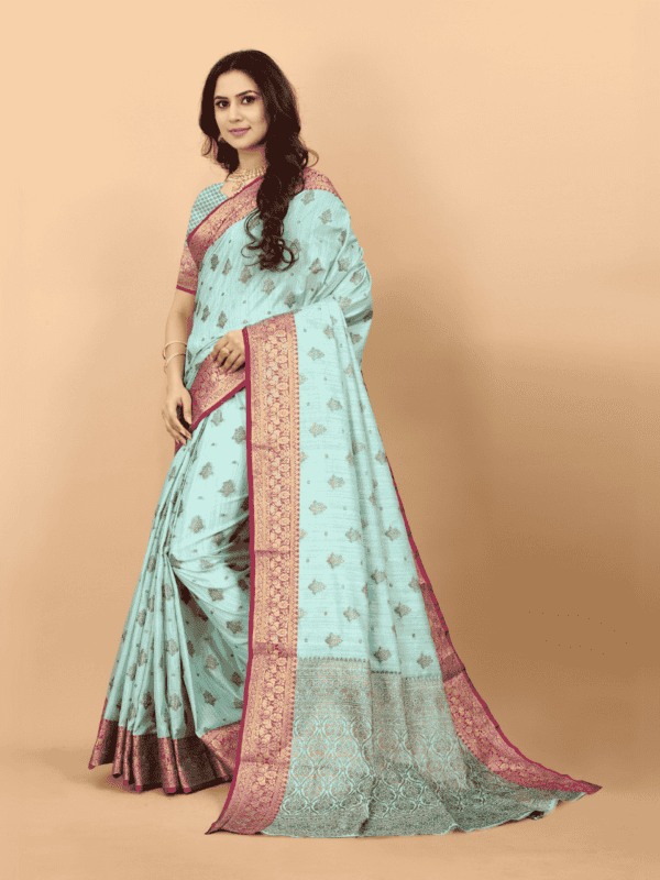 Soft magic slub silk saree with golden zari woven pallu, intricate motifs, and a designer silk weaving blouse piece.