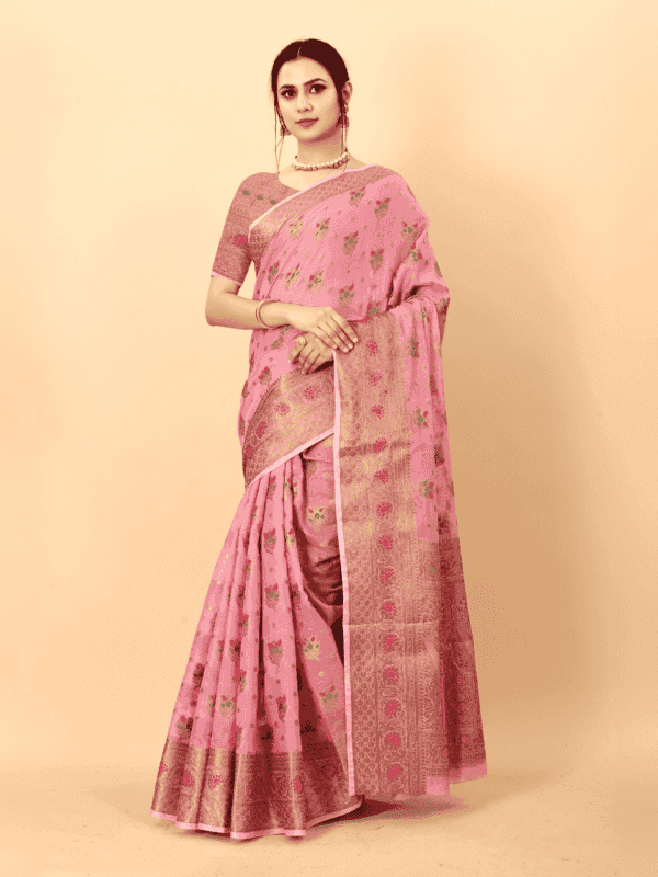 Soft cotton silk saree with golden zari woven pallu, detailed motifs, and a designer silk weaving blouse piece.