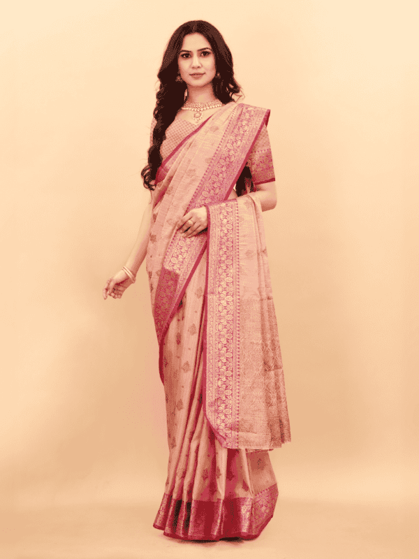 Soft magic slub silk saree with golden zari woven pallu, intricate motifs, and a designer silk weaving blouse piece.