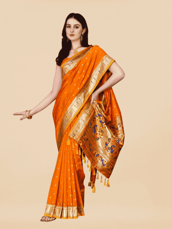 Soft Pethani silk saree with golden zari weaving, motifs, and designer silk blouse piece, perfect for traditional and festive wear.