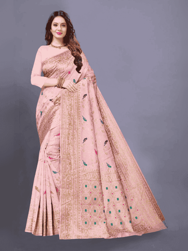 Soft Lichi silk saree features a golden zari woven pallu and border with beautiful motifs, complemented by a designer brocade silk blouse piece.