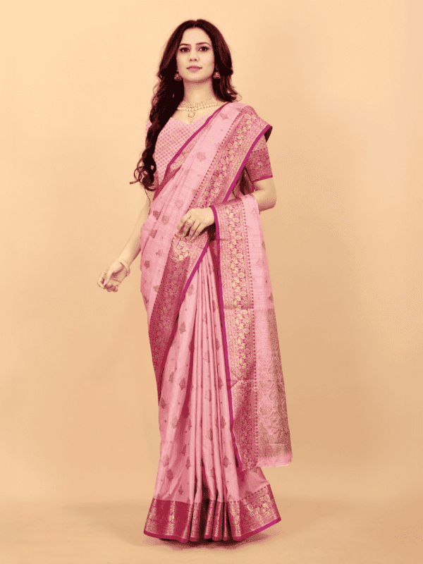 Soft magic slub silk saree with golden zari woven pallu, intricate motifs, and a designer silk weaving blouse piece.