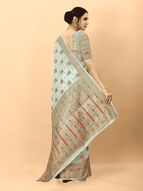 Soft cotton silk saree with golden zari woven pallu, detailed motifs, and a designer silk weaving blouse piece.