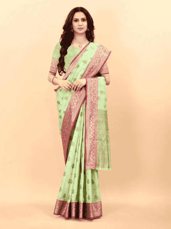 Soft magic slub silk saree with golden zari woven pallu, intricate motifs, and a designer silk weaving blouse piece.