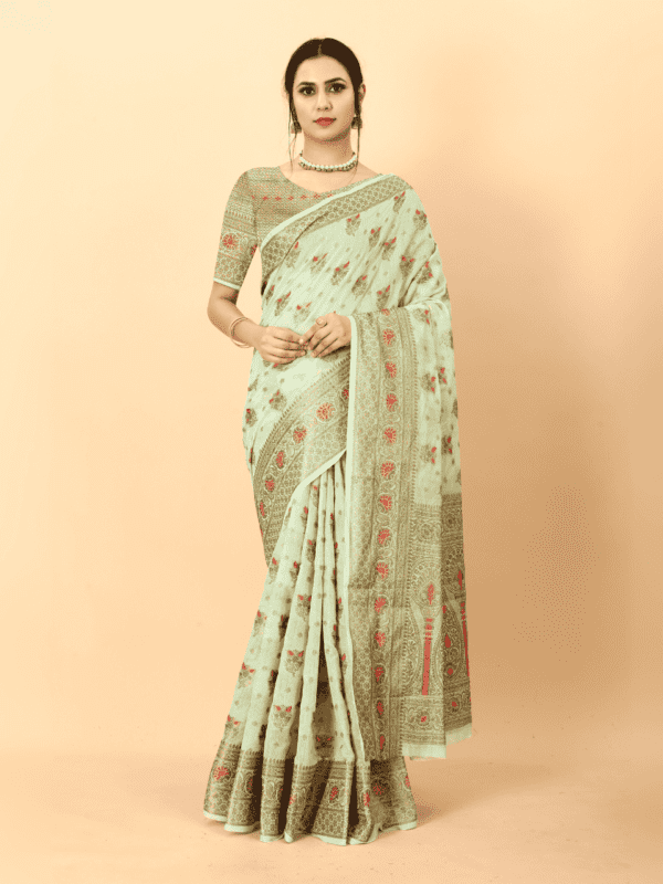 Soft cotton silk saree with golden zari woven pallu, detailed motifs, and a designer silk weaving blouse piece.