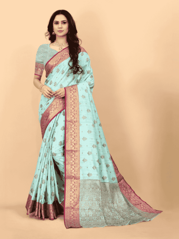 Soft magic slub silk saree with golden zari woven pallu, intricate motifs, and a designer silk weaving blouse piece.