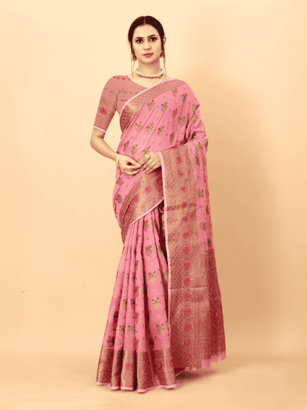 Soft cotton silk saree with golden zari woven pallu, detailed motifs, and a designer silk weaving blouse piece.