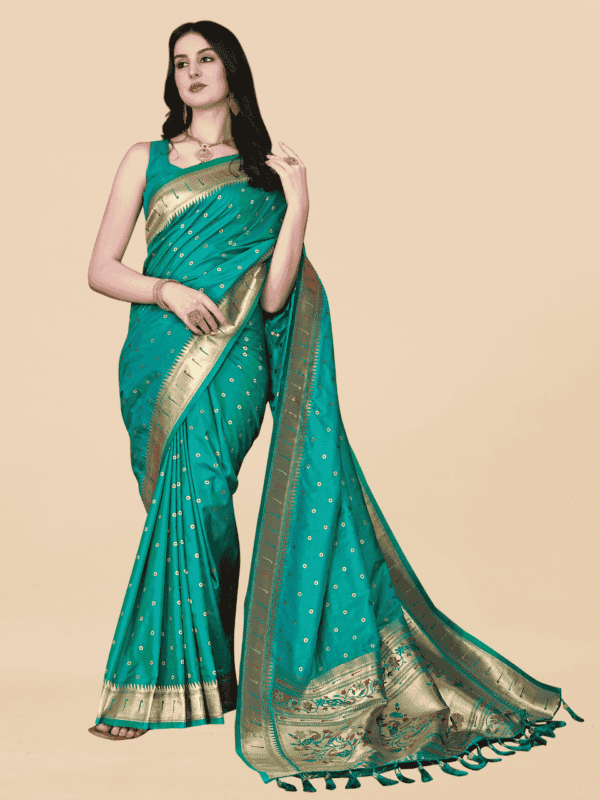 Soft Pethani silk saree with golden zari weaving, motifs, and designer silk blouse piece, perfect for traditional and festive wear.