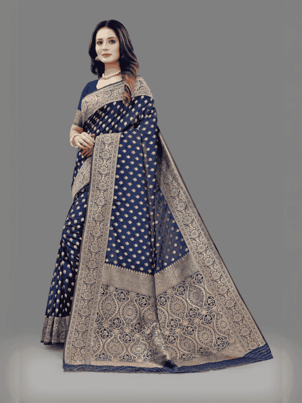 Soft Lichi silk saree with golden zari weaving, intricate motifs, and designer silk blouse piece, perfect for traditional wear.