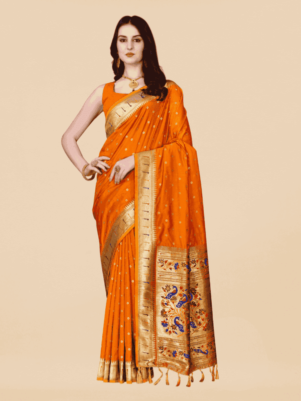 Soft Pethani silk saree with golden zari weaving, motifs, and designer silk blouse piece, perfect for traditional and festive wear.